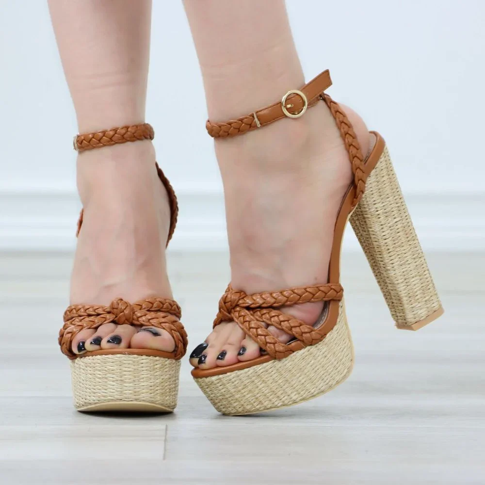 Brown Basket Weave Raffia Block High Heel Platforms - Picture 10 of 12